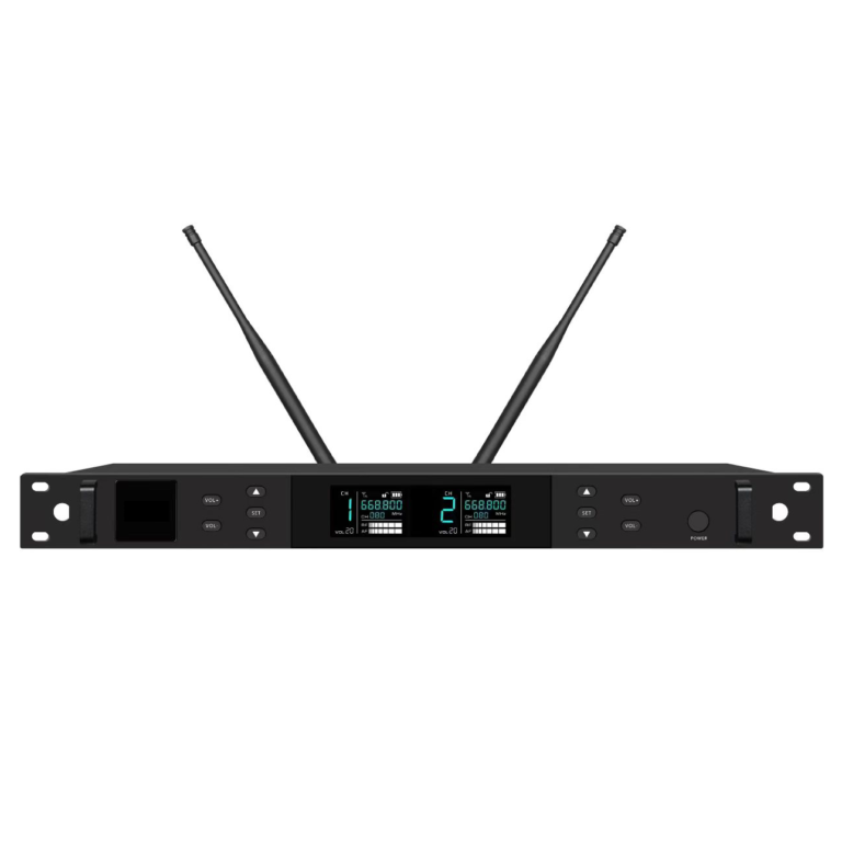 Professional dual-channel UHF wireless microphone receiver host in a 1U chassis, featuring a high-end color display and IR frequency matching.