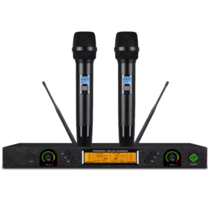 A-02 professional dual-channel UHF wireless microphone system featuring IR frequency matching and two handheld transmitters.