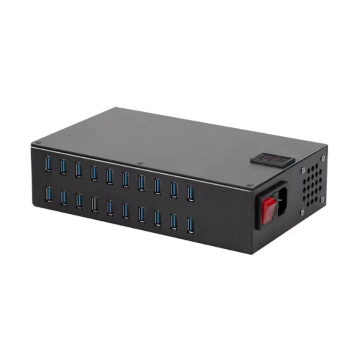 CD-20 professional USB charging box capable of charging 20 devices simultaneously, featuring a 200W power output and real-time digital voltage display.