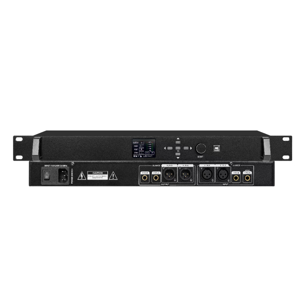 FBX-210 automatic acoustic feedback suppressor with 2-channel input, 24V phantom power, and digital frequency shift technology for anti-howling.