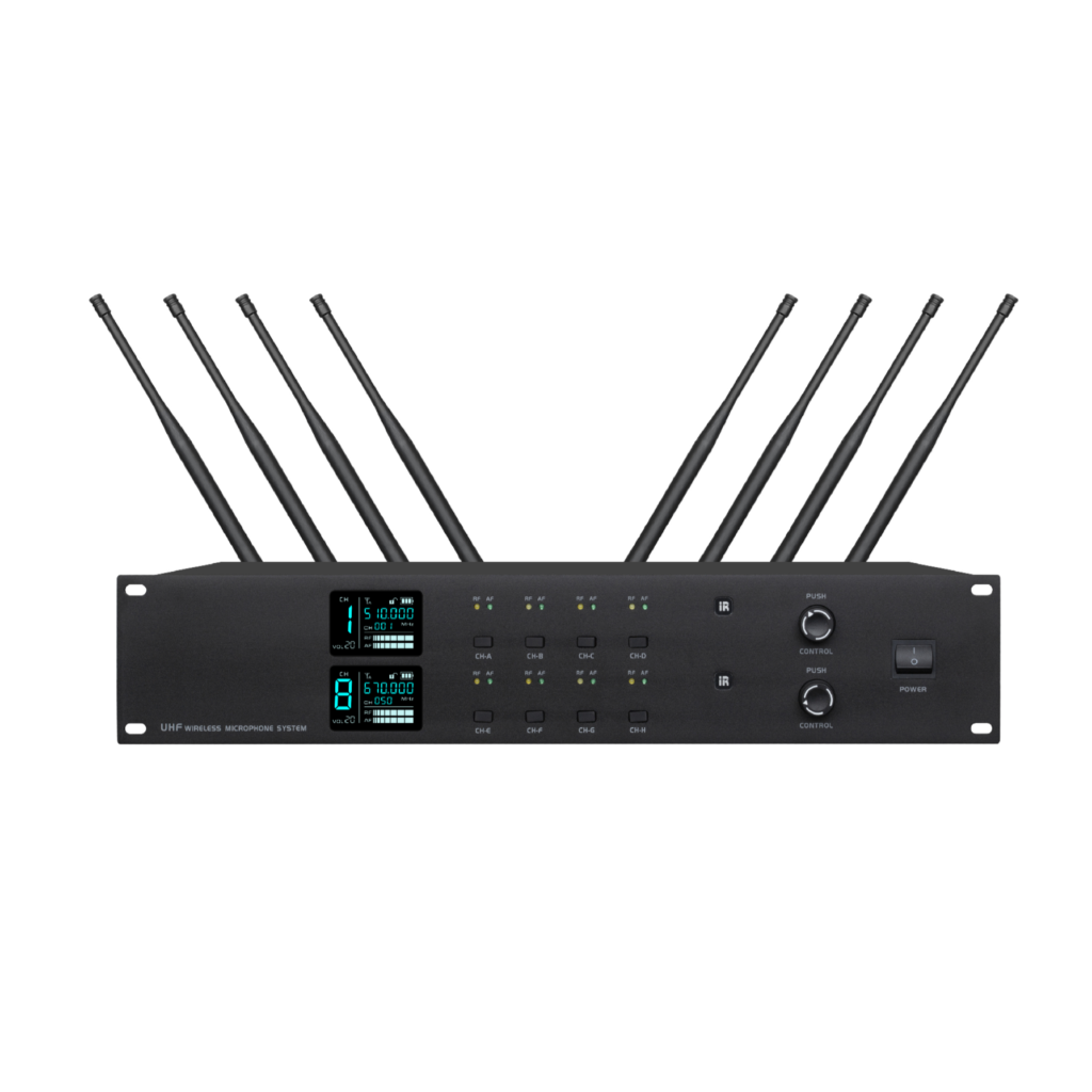 MKS-6628 professional 8-channel UHF wireless microphone receiver host in an EIA standard 2U chassis, featuring eight antennas and dual color displays.