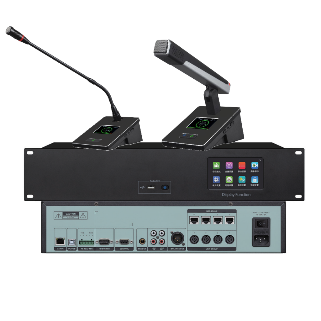 MKS-8636 digital wired conference system host with 4.3-inch IPS touch screen, front USB recording port, and comprehensive rear panel connectivity.