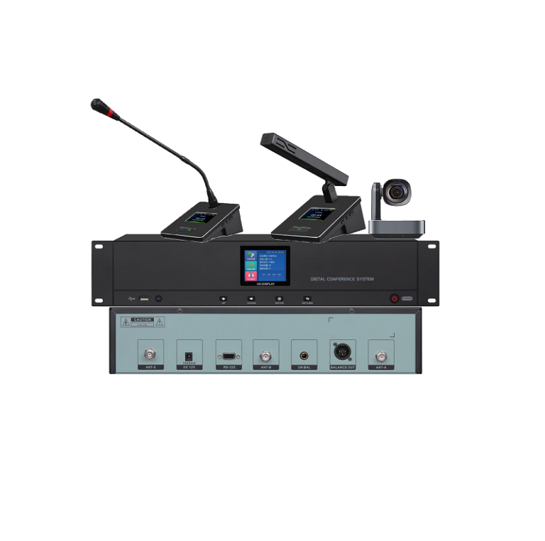 Maccus MKS-8831 wireless conference system host featuring automatic video tracking, integrated PTZ camera, and interchangeable microphone units