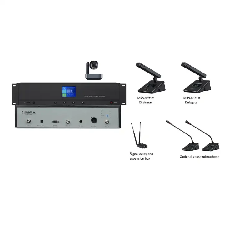 Maccus MKS-8831M wireless conference system with chairman and delegate units, signal expansion box, and tracking camera support.