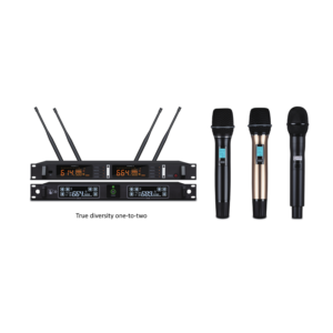 Maccus MKS-8000/8200 professional true diversity one-to-two wireless microphone system with PLL synthesis and independent channel locking.
