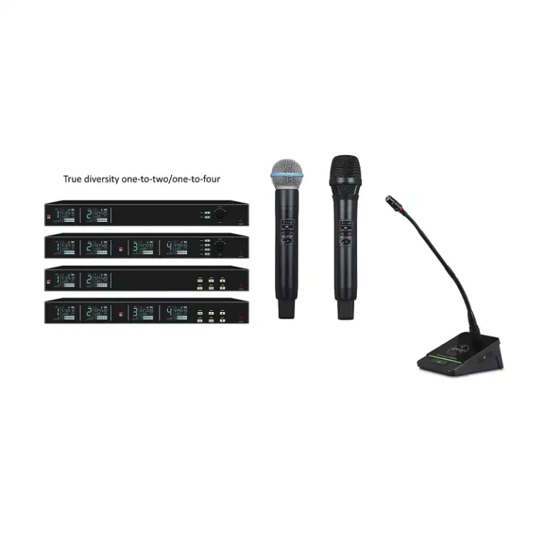 Maccus MKS-9800 professional true diversity wireless microphone system featuring one-to-two and one-to-four configurations with optional handheld or gooseneck units.