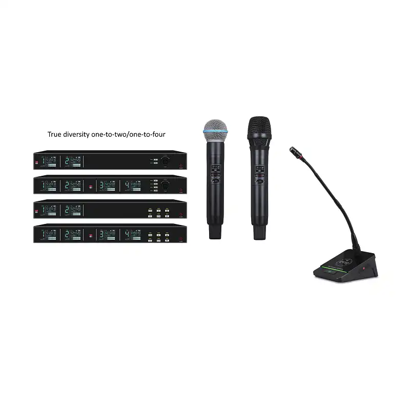 Maccus MKS-9800 professional true diversity wireless microphone system featuring one-to-two and one-to-four configurations with optional handheld or gooseneck units.