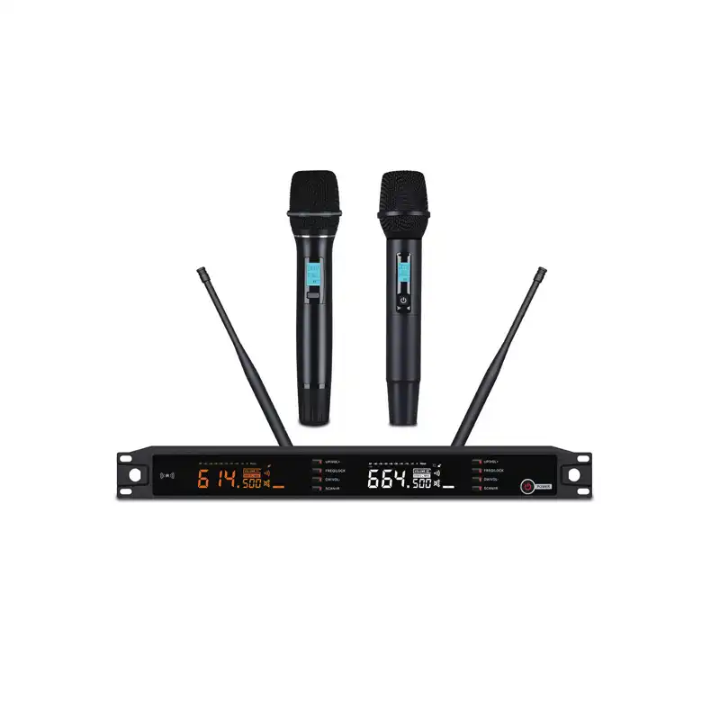 Maccus MKS-8872 professional dual-channel UHF wireless microphone system with PLL synthesis and orange backlit status display.