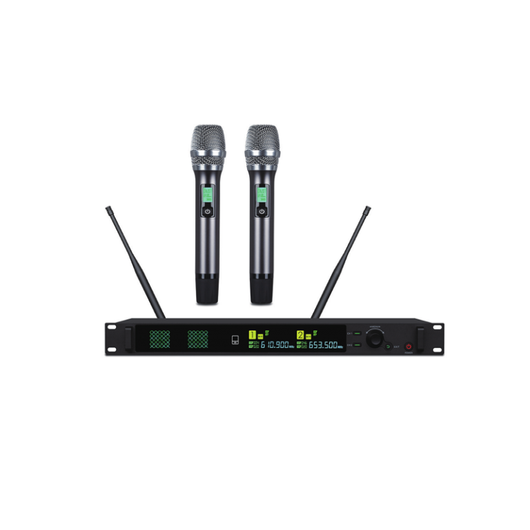 Maccus MKS-9912 professional wireless microphone system featuring vacuum tube amplification and true diversity quartz crystal locking technology.