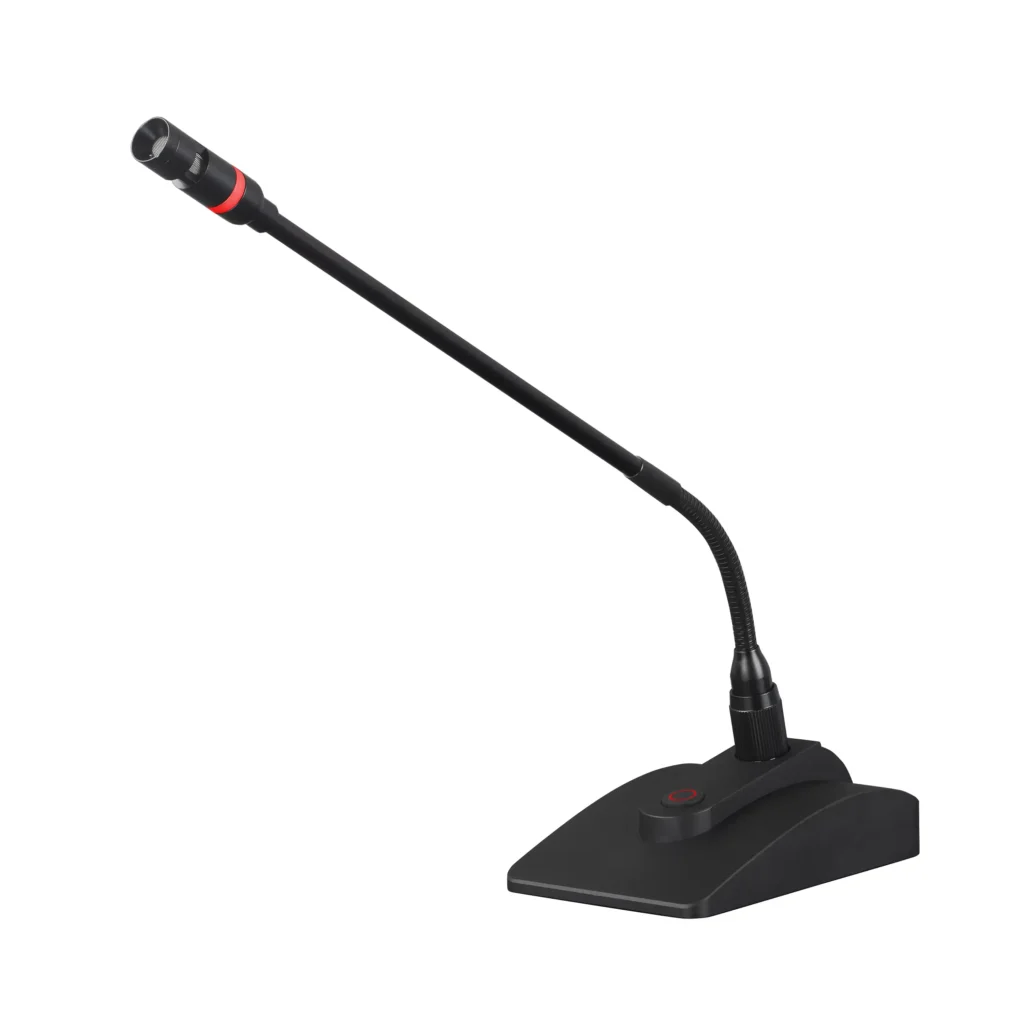 Maccus MK-689 professional wired gooseneck conference microphone with premium metal panel and integrated red LED speech indicator ring.