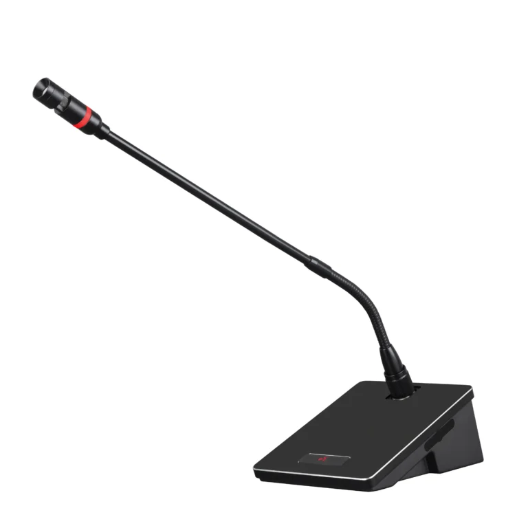 Maccus professional wired gooseneck conference microphone with metal panel and red LED light ring for boardrooms.