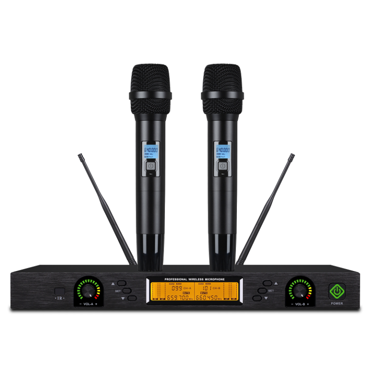 Professional UHF wireless microphone system featuring dual-channel receiving, color LCD status display, and infrared frequency matching.